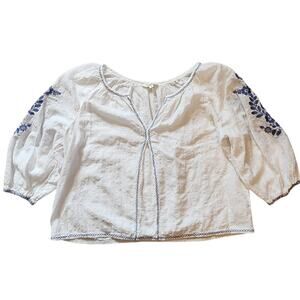 Max Studio Womens Top Size L White Blue Embroidered Short Tunic 3/4 Sleeve